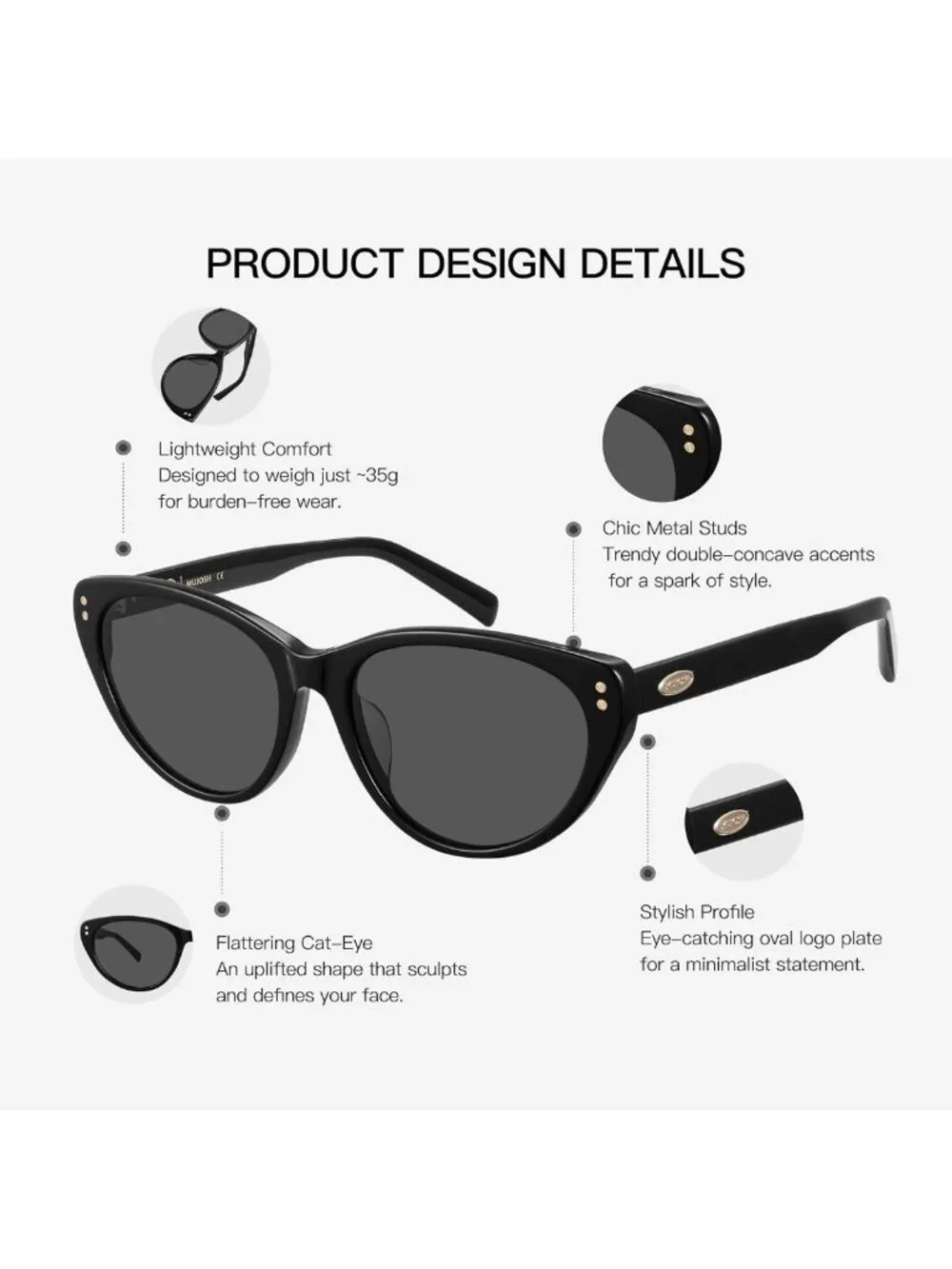 Trendy Cat Eye Sunglasses UV400 Protection, Acetate Frame, Obsidian Black/Pure